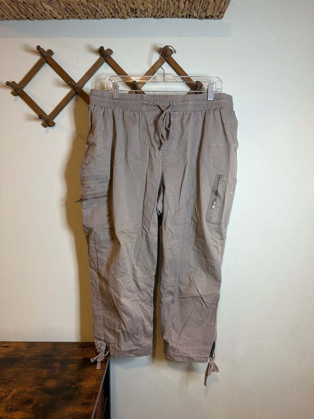 Cato Plus Size 18/20W Taupe Cropped Cargo Pants with Elastic Waist and Drawstrin